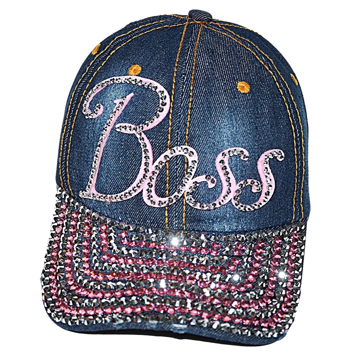 Bling Boss Rhinestone Denim Baseball Hat, Sassy Blue Distressed Cap for Women, Adult
