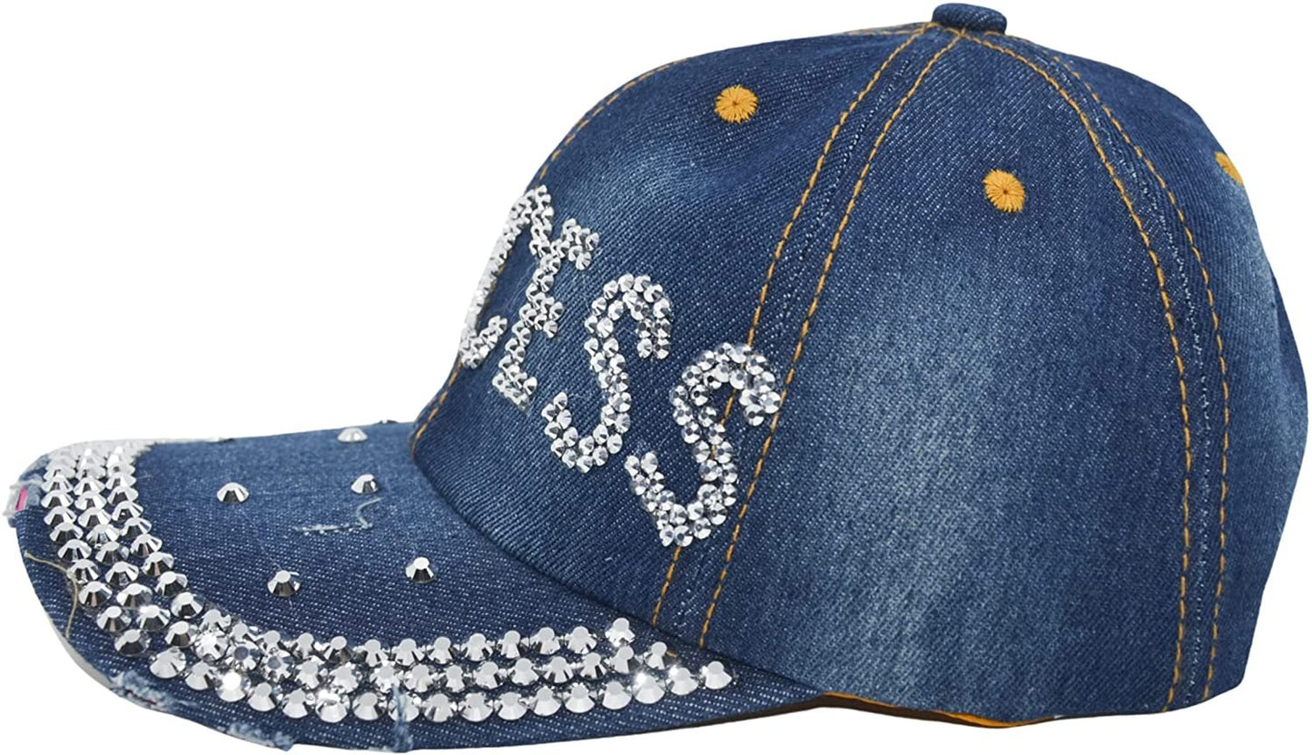 Bedazzled Princess Crown Rhinestone Hat, Bling Denim Baseball Cap for Women