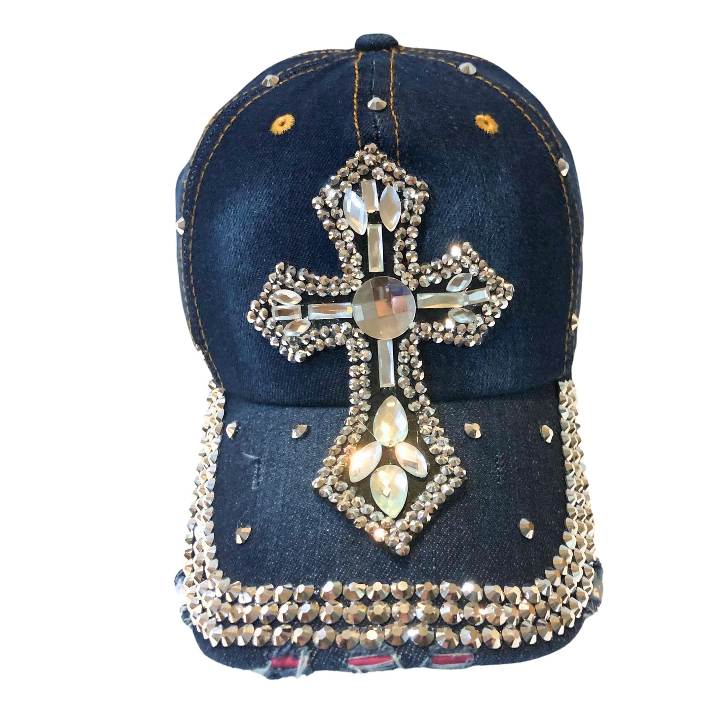 Popfizzy Bedazzled Cross Hat for Women, Rhinestone Hat with Cross on It, Bling Christian Hats, Bling Gifts for Women (Denim)