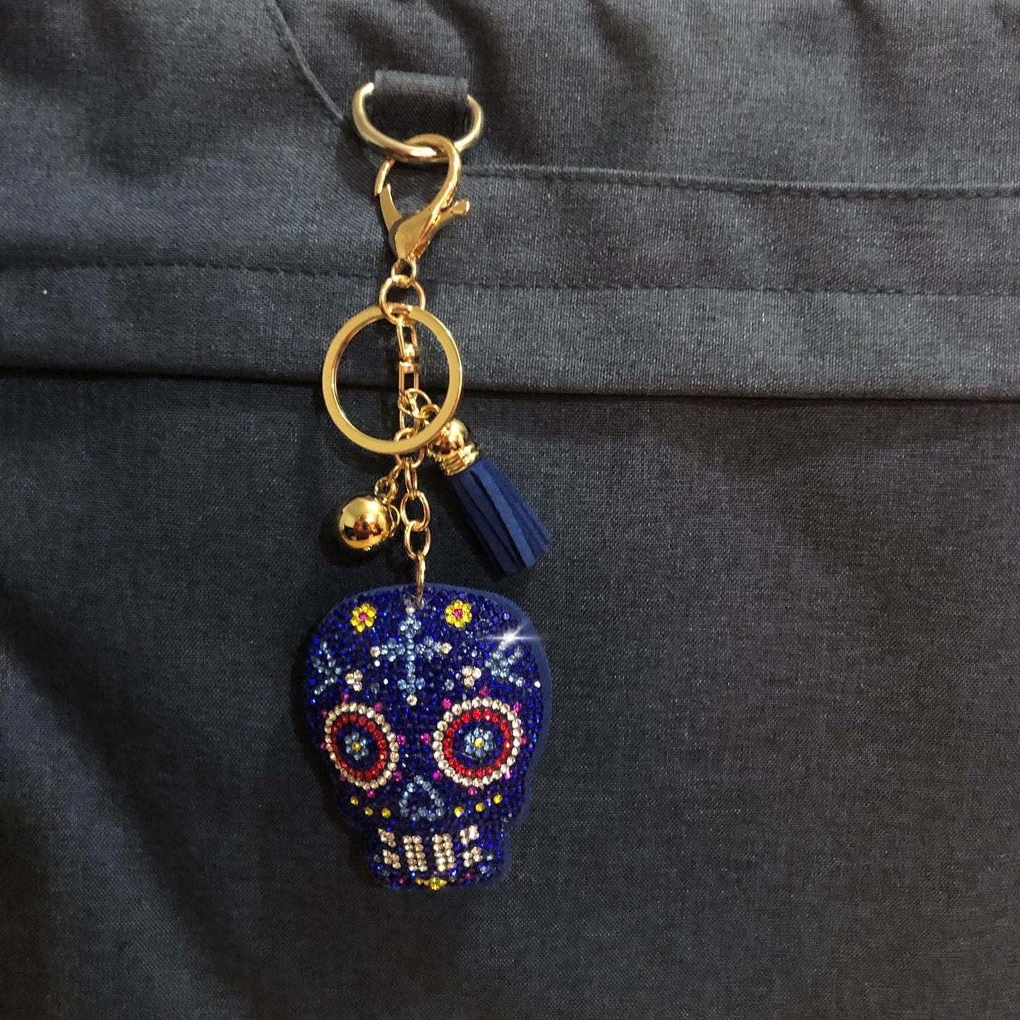 Popfizzy Rhinestone Blue Sugar Skull Keychain for Women and Girls, Bling Sugar Skull Gifts