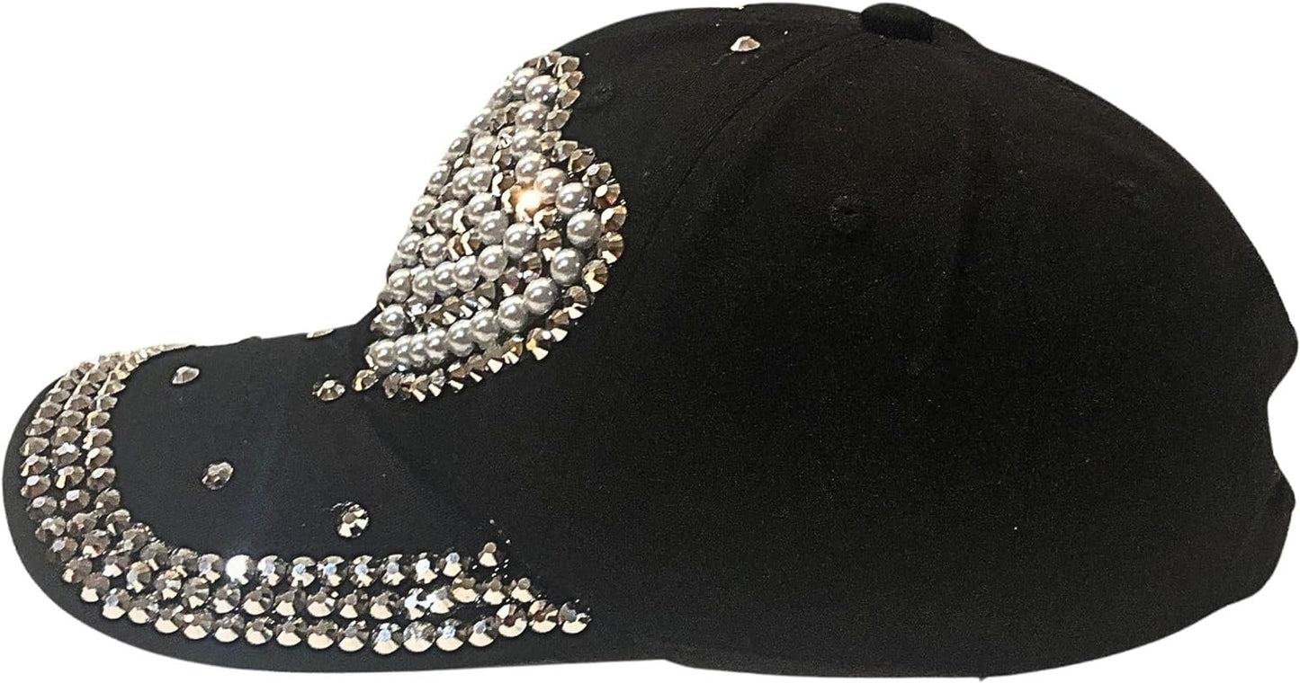 Bling Pearl Heart Hat for Women, Adult Black Rhinestone Hat, Cotton