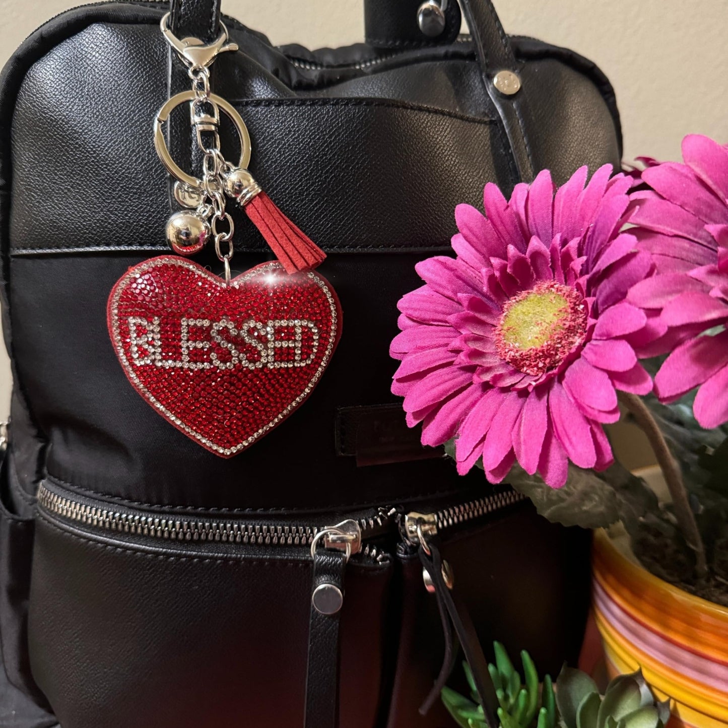Popfizzy Red Blessed Keychain Accessories, Backpack Key Chain, Rhinestone Purse Charms for Handbags, Gift for Blessed People