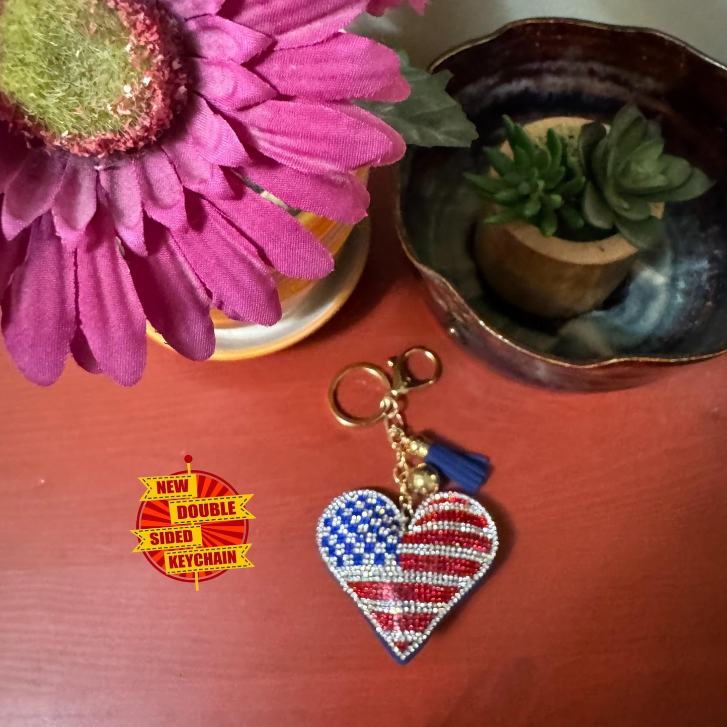 Popfizzy Bling American Flag Keychain for Women and Girls, Purse Charm, Heart Bag Charm, American Flag Gifts, Double Sided