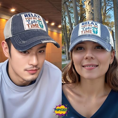 Popfizzy Relax You're on Lake Time Hat, Vintage Trucker Hat, Mesh Back Baseball Cap, Lake Life Gifts for Women and Men (Navy)