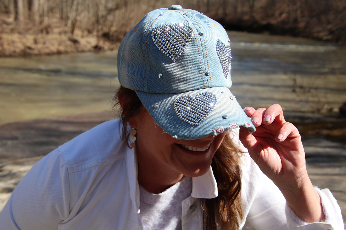 Heart Baseball Cap, Bling Caps for Women and Teenage Girls, Rhinestones Distressed Denim Trucker Hat, Bedazzled Love Cap, Best Friend Gift