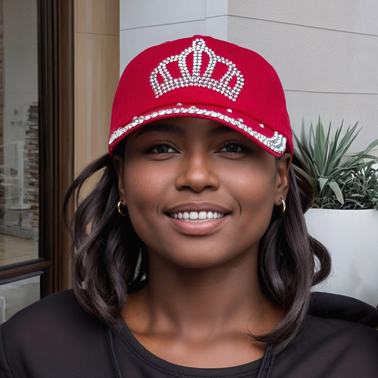Red Rhinestone Princess Crown Hat, Sparkly Adjustable Baseball Cap for Women and Girls