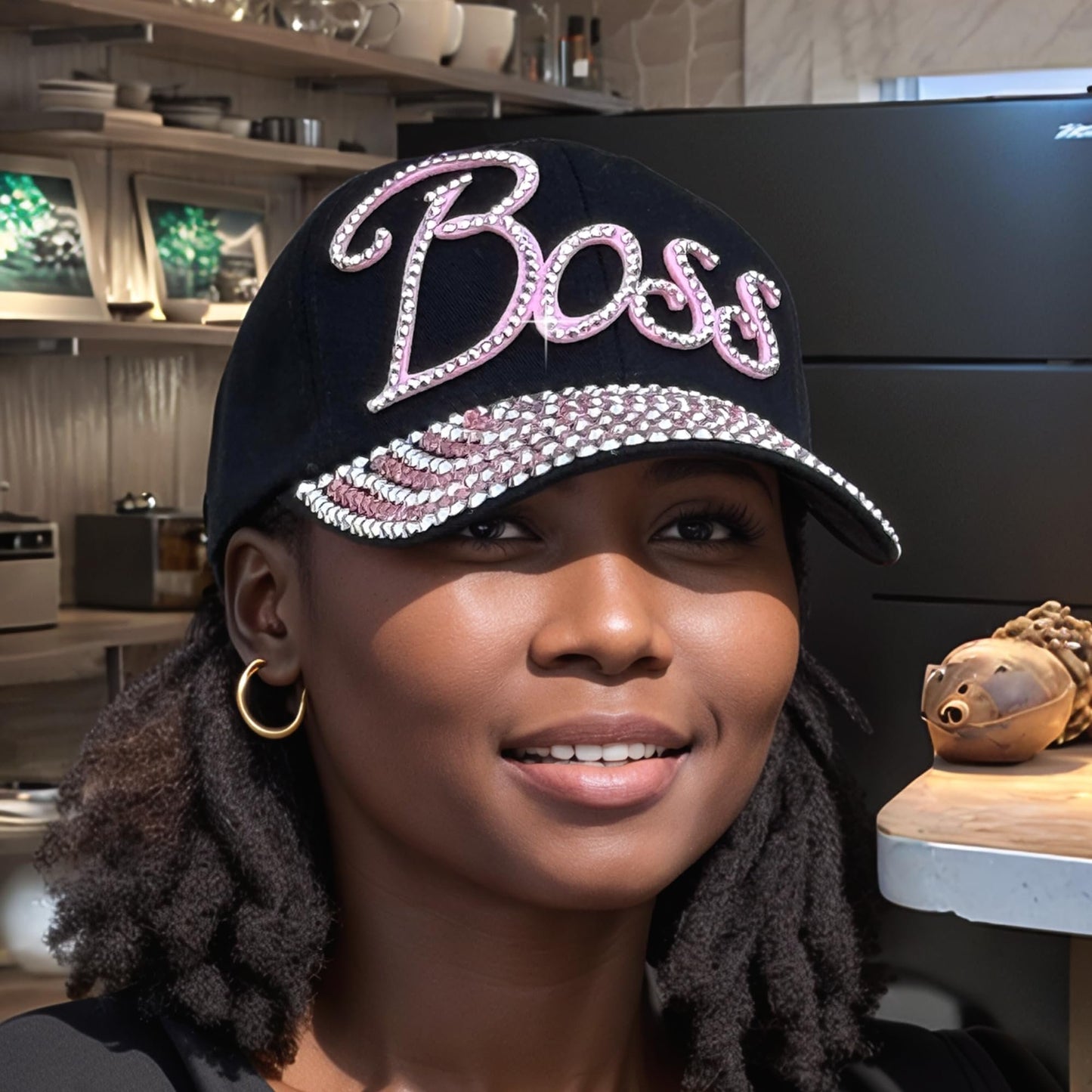 Popfizzy Rhinestone Boss Hat for Women, Bling Black Baseball Cap with Words, Female Boss Gift, Fancy Ballcap, One Size (Boss)