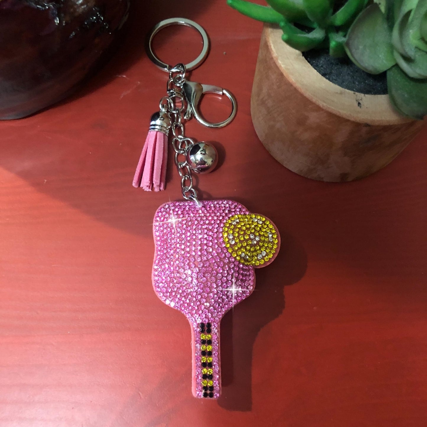 Popfizzy Pink Pickleball Keychain for Women, Rhinestone Purse Charm