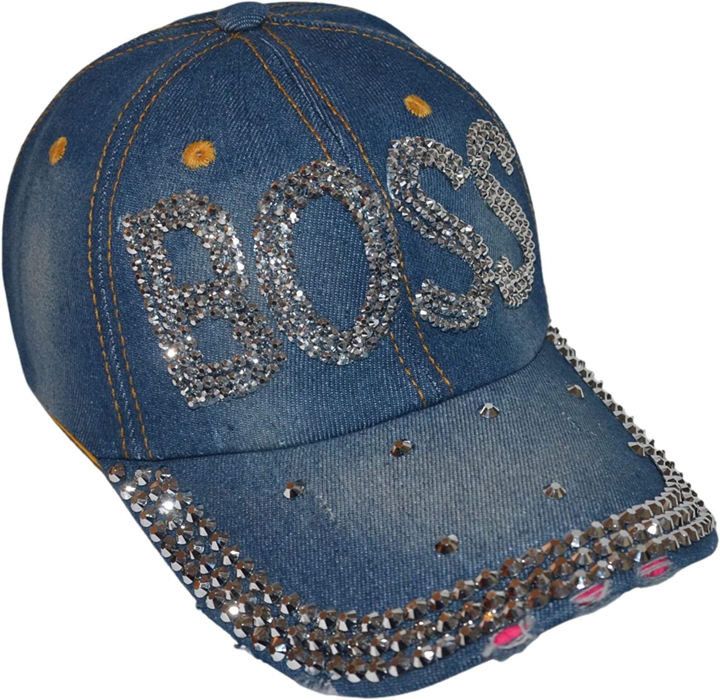 Popfizzy Bling Boss Hat for Women, Fun Rhinestone Baseball Cap, Bejeweled Distressed Denim Hat, Bling Gifts for Women