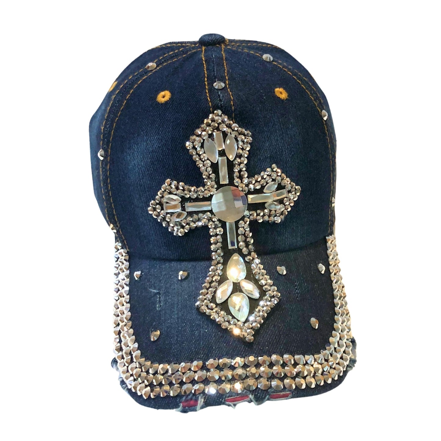 Popfizzy Bedazzled Cross Hat for Women, Rhinestone Hat with Cross on It, Bling Christian Hats, Bling Gifts for Women (Denim)