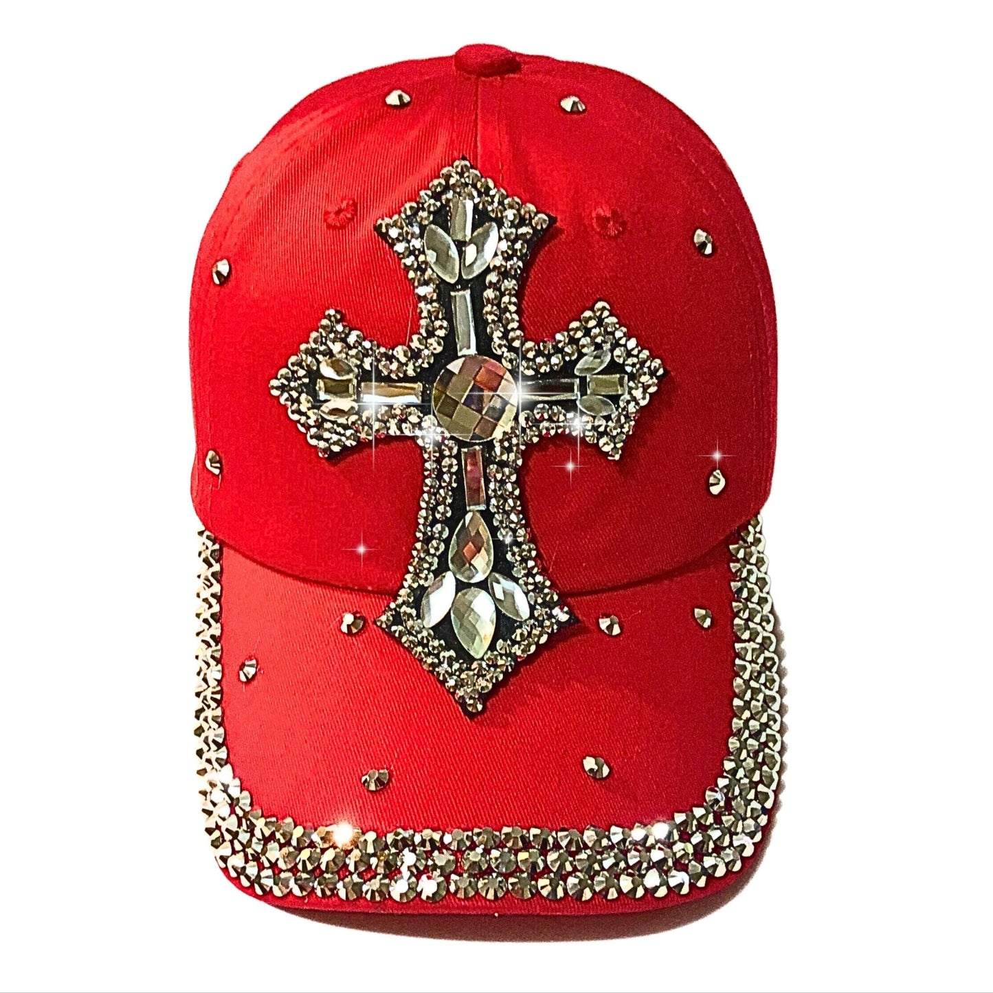 Popfizzy Bedazzled Cross Hat for Women, Rhinestone Hat with Cross on It, Bling Christian Hats, Bling Gifts for Women (Red)