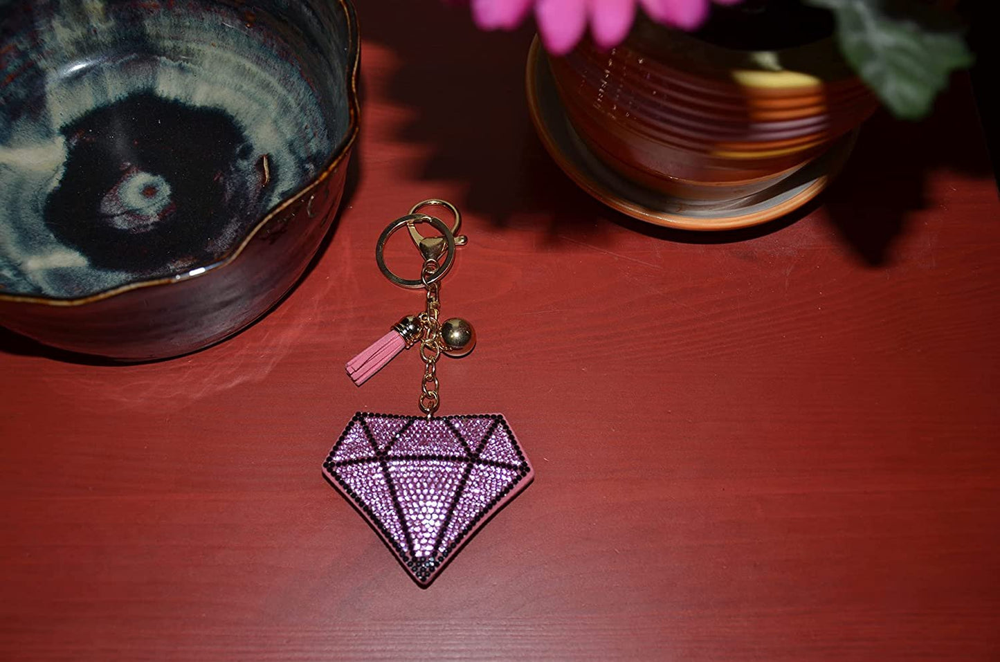 Pink Diamond Keychain for Women, Bling Purse Charms for Handbags, Girls Backpack Key Fob, Crystal Bag Charm Keyrings
