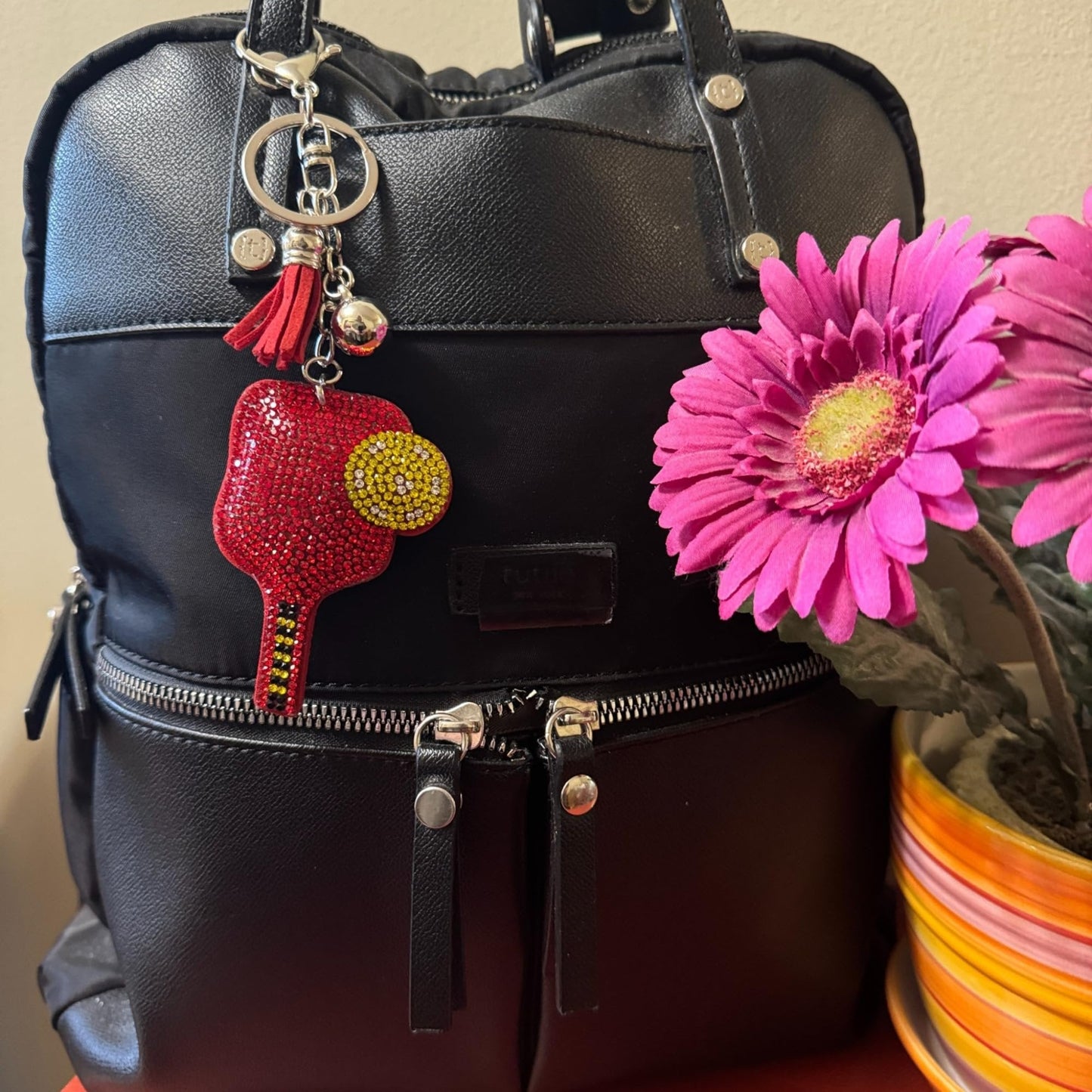 Popfizzy Red Pickleball Keychain Accessories for Women and Girls, Rhinestone Backpack Charm, Bling Pickleball Gifts