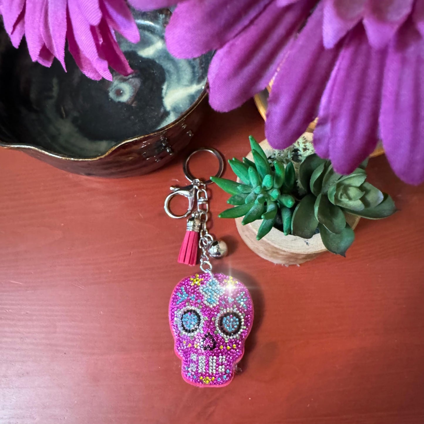 Popfizzy Pink Sugar Skull Keychain for Women, Rhinestone Skull Purse Charms for Handbags, Bedazzled Skull Gifts for Women
