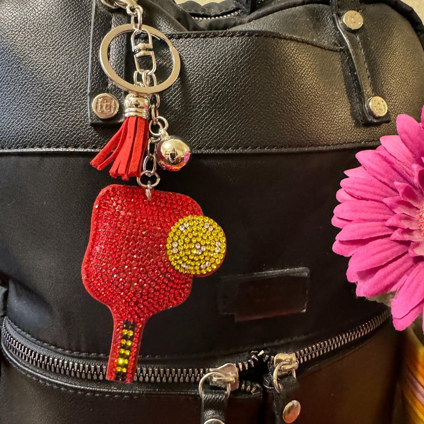 Popfizzy Red Pickleball Keychain Accessories for Women and Girls, Rhinestone Backpack Charm, Bling Pickleball Gifts