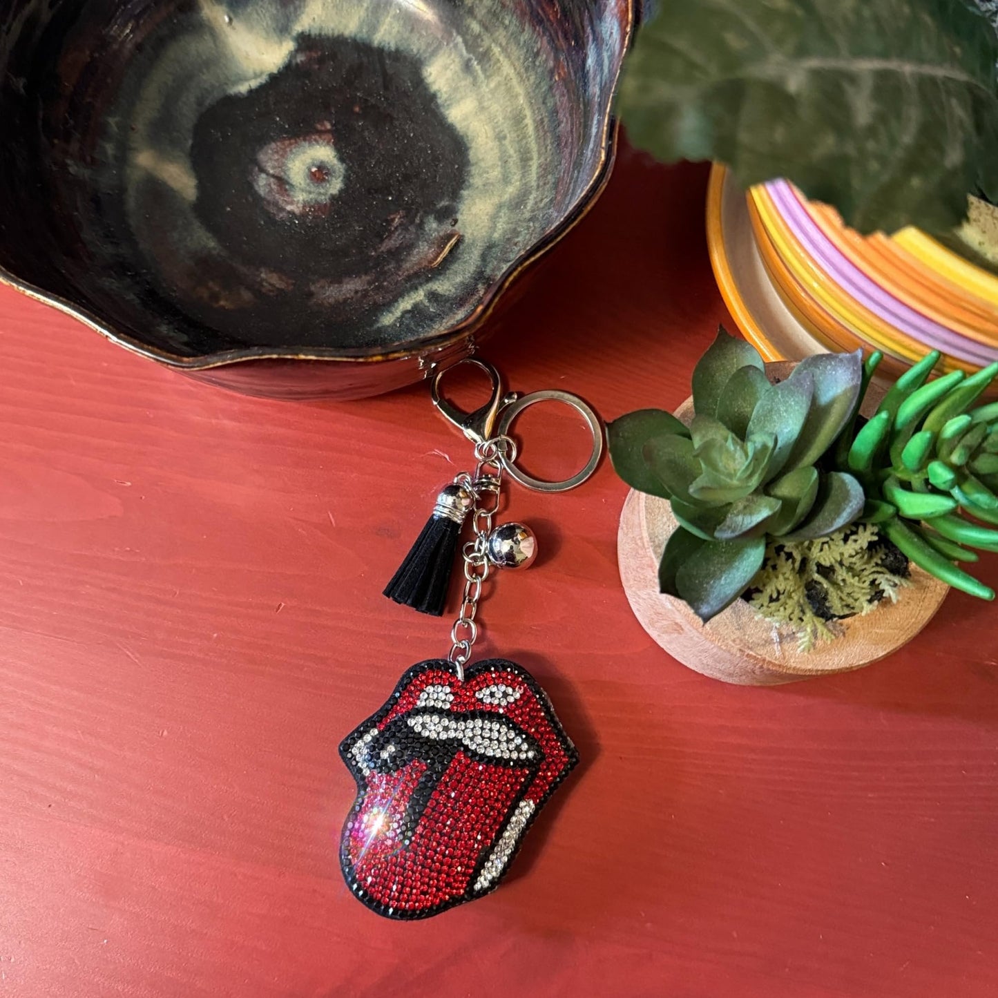 Popfizzy Red Tongue Keychain Accessories for Women and Girls, Backpack Hot Lips Key Chain, Handmade Rhinestone Purse Charms