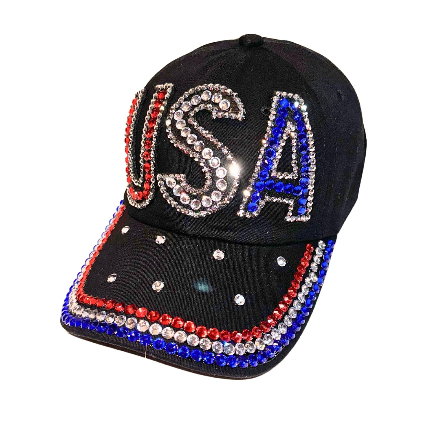 Popfizzy Rhinestone Baseball Cap for Women and Girls, Cute Bedazzled Hats, Shiny Bling Denim and Diamond Hat, USA Black