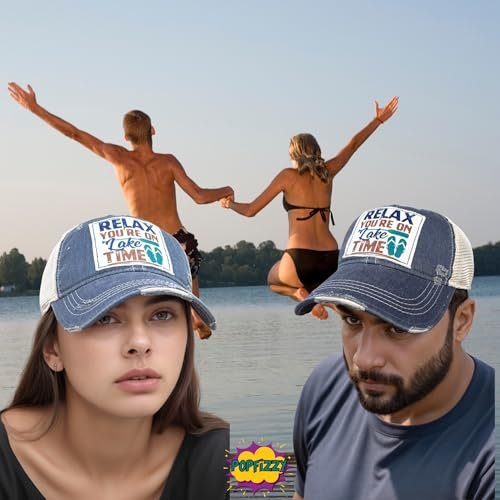 Popfizzy Relax You're on Lake Time Hat, Vintage Trucker Hat, Mesh Back Baseball Cap, Lake Life Gifts for Women and Men (Navy)