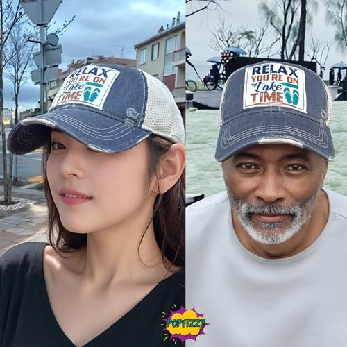 Popfizzy Relax You're on Lake Time Hat, Vintage Trucker Hat, Mesh Back Baseball Cap, Lake Life Gifts for Women and Men (Navy)
