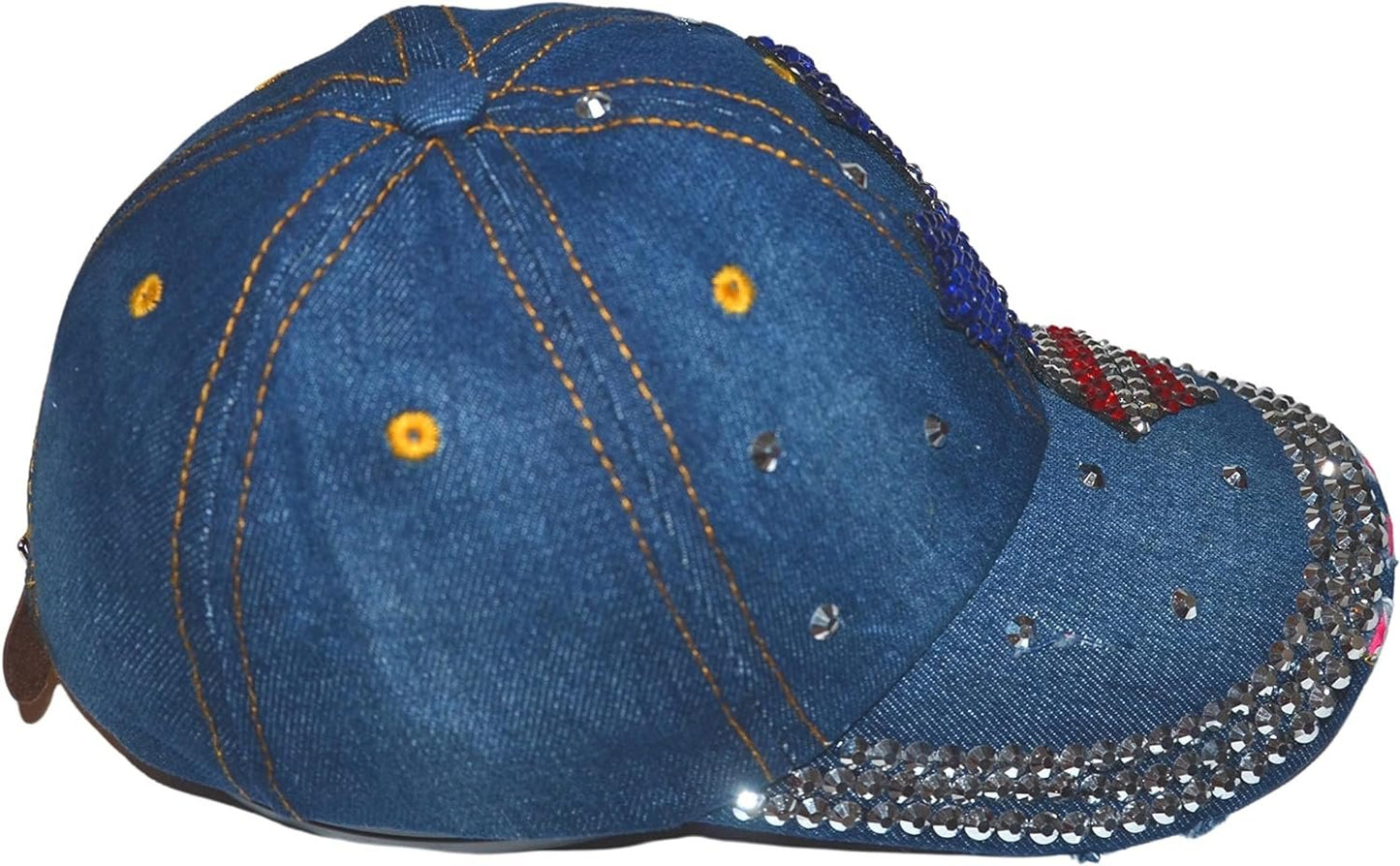 Popfizzy Women’s Red, White, and Blue Cross Hat, Bling Blue Denim Adult Baseball Hat