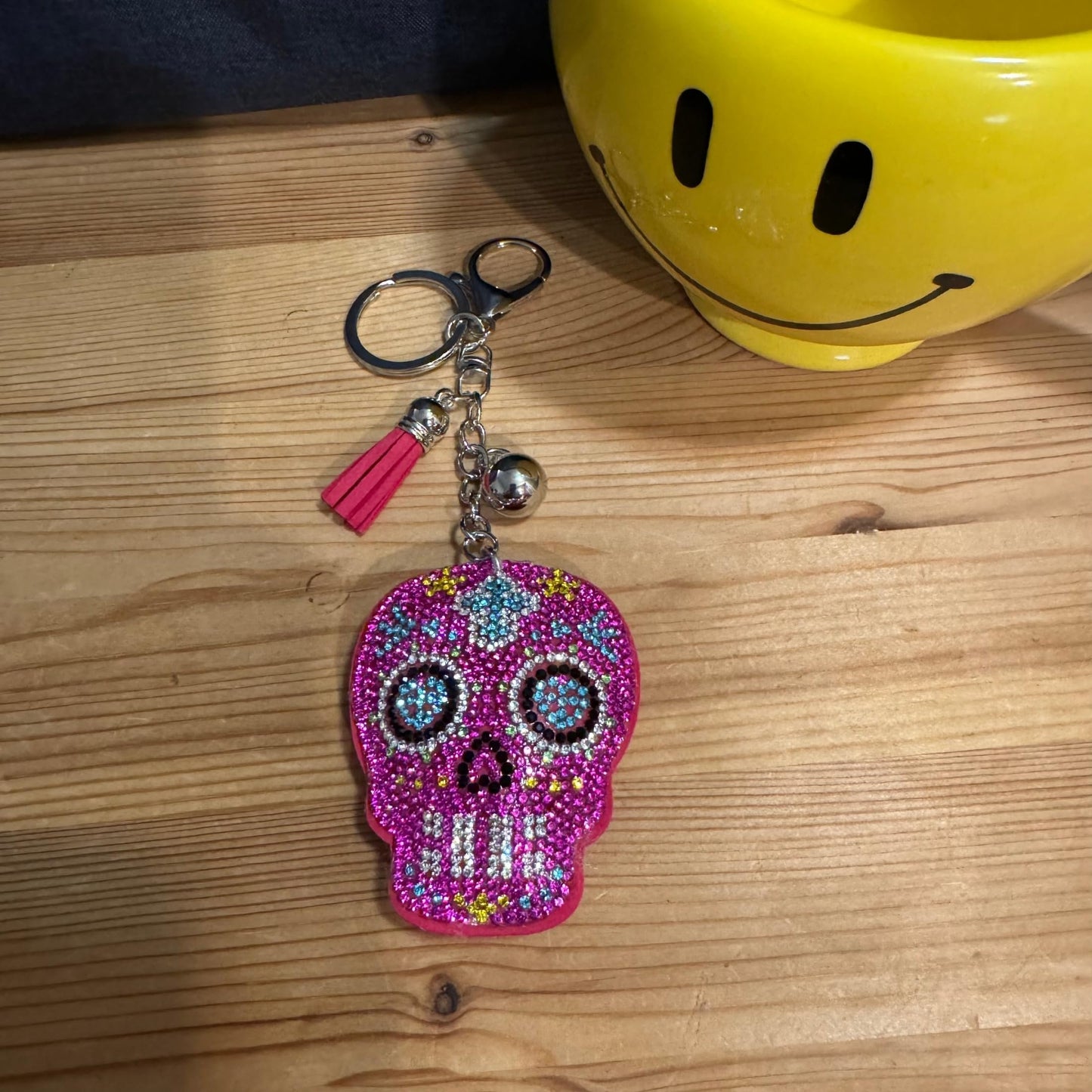 Popfizzy Pink Sugar Skull Keychain for Women, Rhinestone Skull Purse Charms for Handbags, Bedazzled Skull Gifts for Women