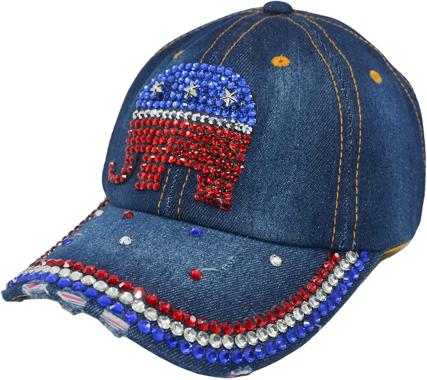 Republican Elephant Hat for Women Rhinestone Hat, Bedazzled Bling Baseball Caps, Distressed Hat, Fancy Denim Bejeweled Hats