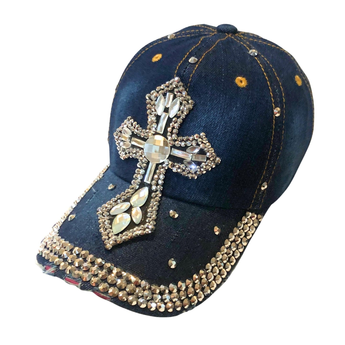Popfizzy Bedazzled Cross Hat for Women, Rhinestone Hat with Cross on It, Bling Christian Hats, Bling Gifts for Women (Denim)