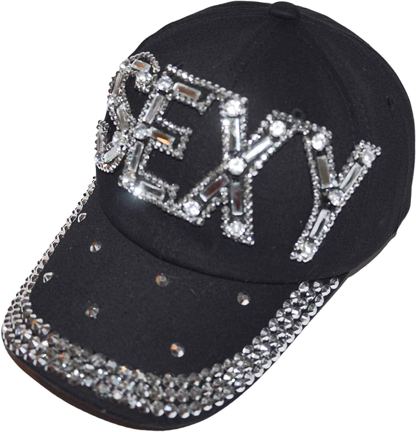 Popfizzy Womens Bling Sexy Cap, Rhinestone Baseball Cap, Bejeweled Distressed Denim Hat, Bling Gifts for Women