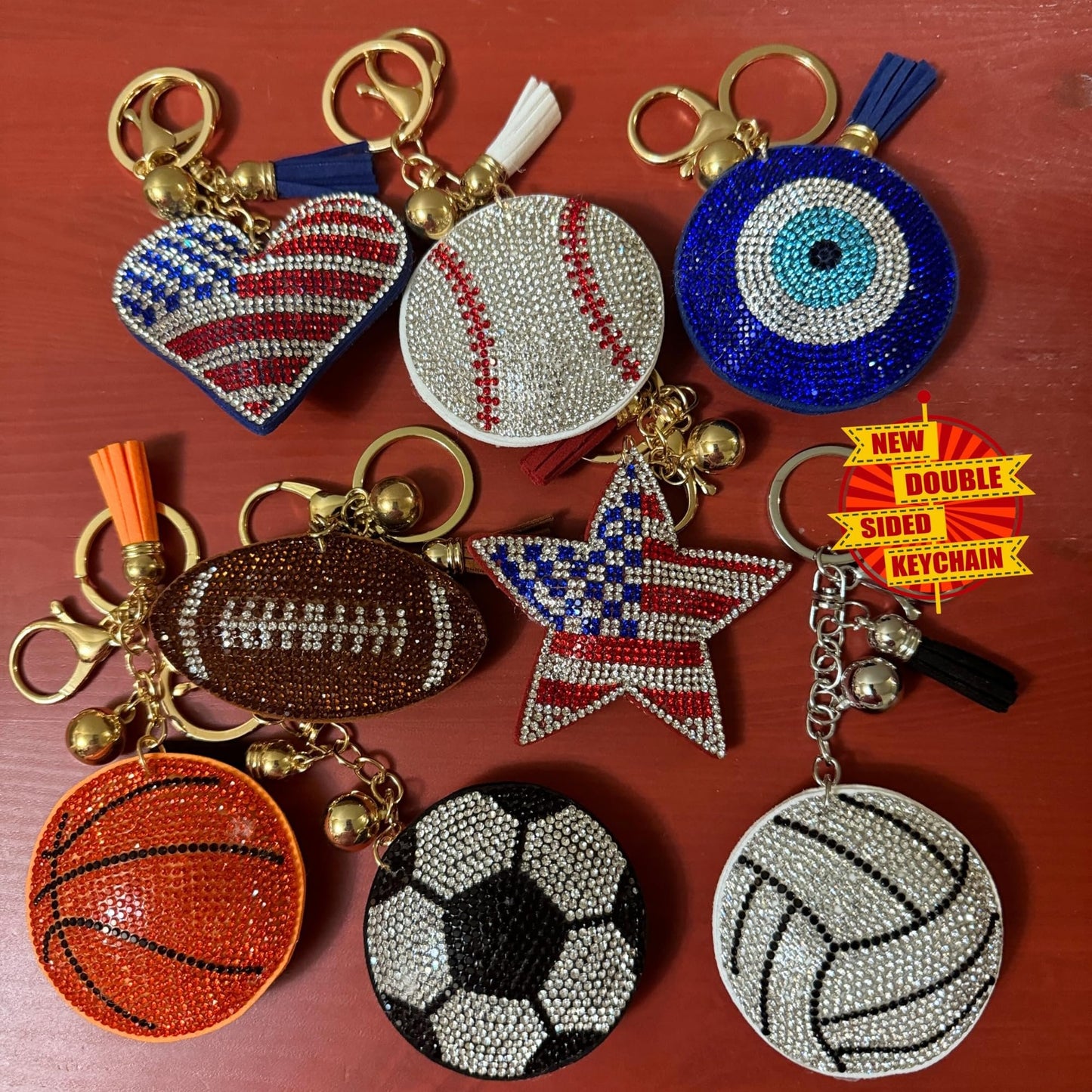 Popfizzy Bling American Flag Keychain for Women and Girls, Purse Charm, Heart Bag Charm, American Flag Gifts, Double Sided