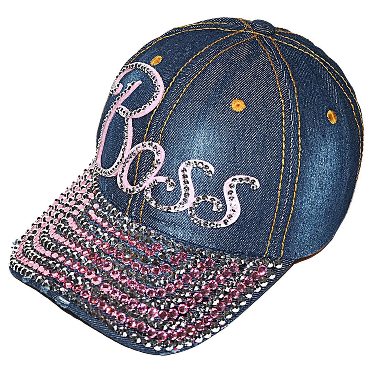Bling Boss Rhinestone Denim Baseball Hat, Sassy Blue Distressed Cap for Women, Adult