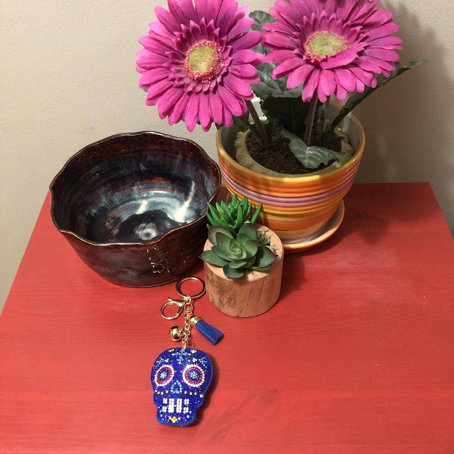 Popfizzy Rhinestone Blue Sugar Skull Keychain for Women and Girls, Bling Sugar Skull Gifts