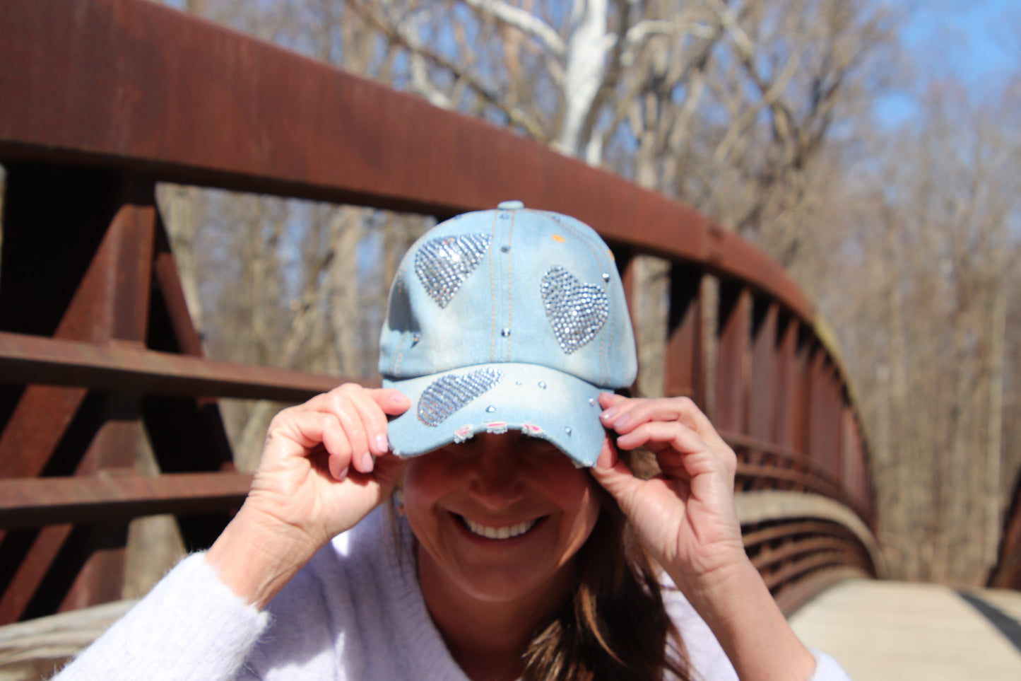 Heart Baseball Cap, Bling Caps for Women and Teenage Girls, Rhinestones Distressed Denim Trucker Hat, Bedazzled Love Cap, Best Friend Gift