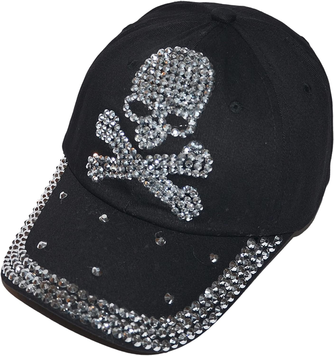 Popfizzy Skull Hat for Women and Girls, Biker Trucker Hat, Rhinestone Sparkle Bling Black Baseball Caps, Pirate Hat