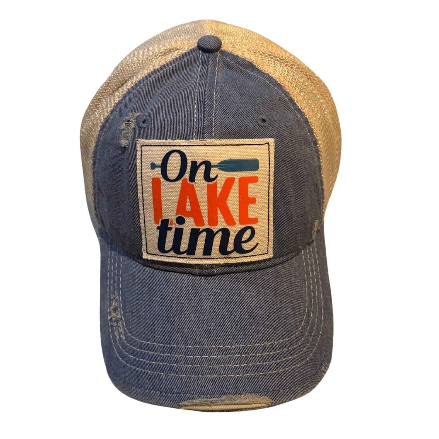 Popfizzy On Lake Time Hat, Funny Vintage Trucker Hat, Mesh Back Baseball Cap, Lake Life Gifts for Women and Men (Light Blue)