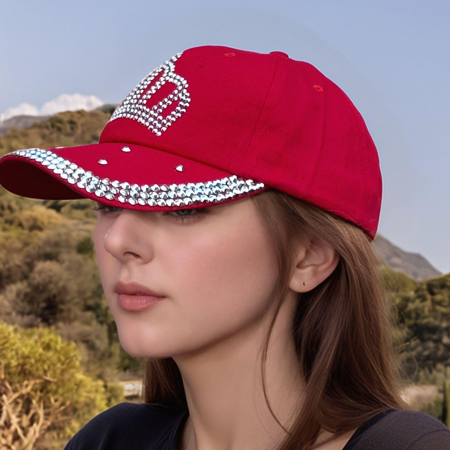 Red Rhinestone Princess Crown Hat, Sparkly Adjustable Baseball Cap for Women and Girls
