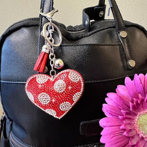 Popfizzy Red Heart Keychains for Women and Girls, Bedazzled Polka Dot Purse Charm, Bling Backpack Accessories, Heart Gifts