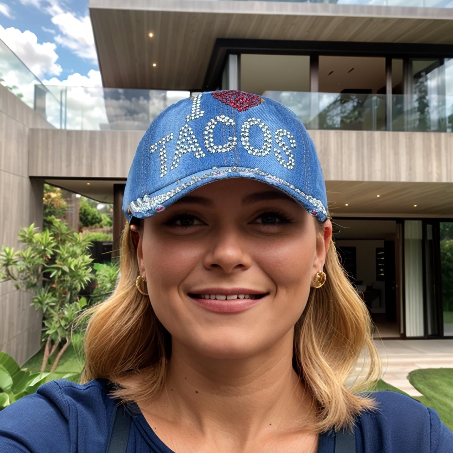Popfizzy Tacos Hat for Women and Girls, Adult Bedazzled Rhinestone Blue Denim Hats, Bling Gifts for Taco Lovers, One Size
