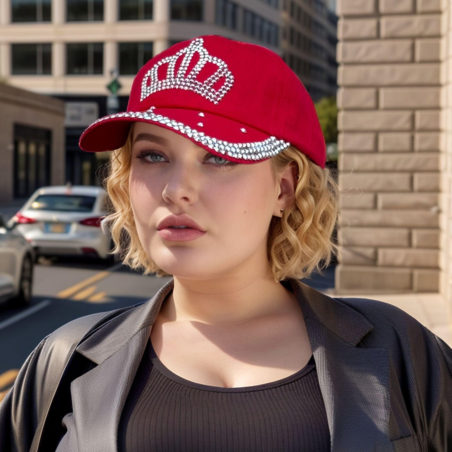 Red Rhinestone Princess Crown Hat, Sparkly Adjustable Baseball Cap for Women and Girls