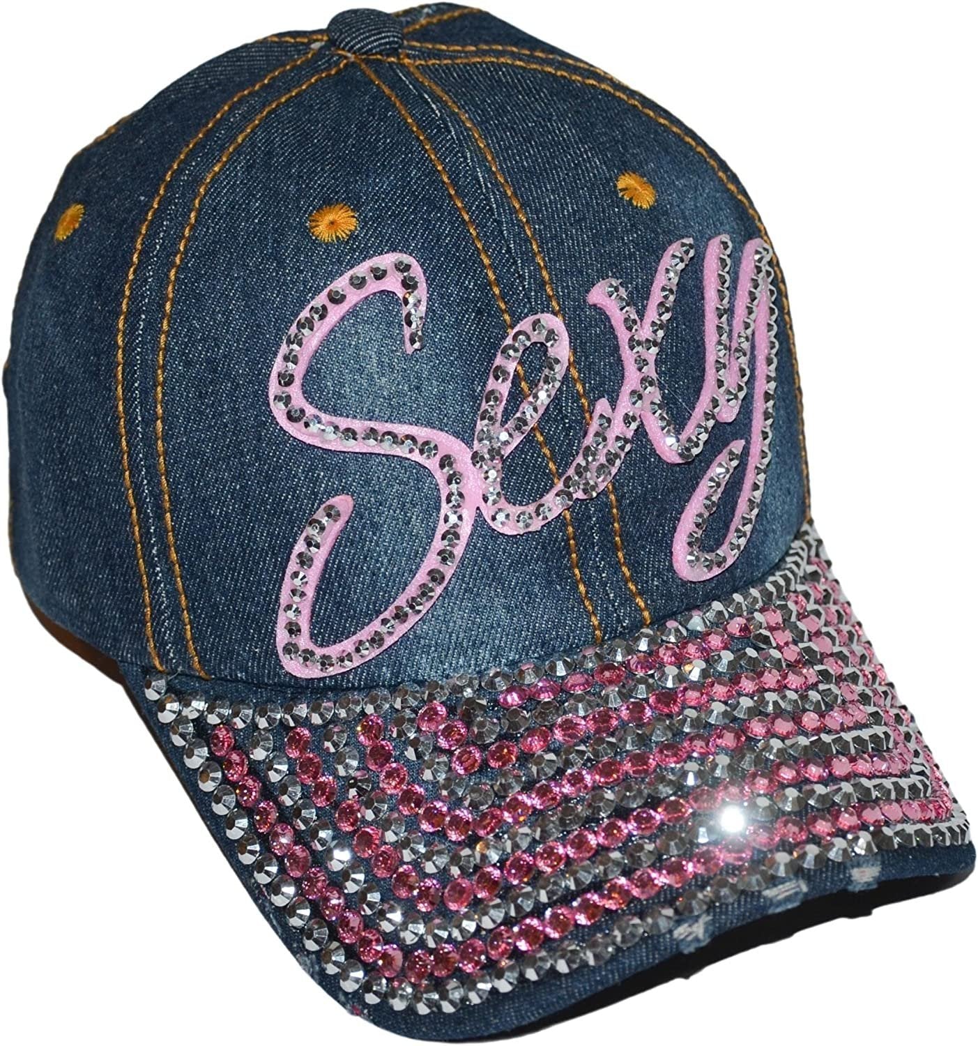 Popfizzy Rhinestone Sexy Hat for Women, Bling Denim Baseball Cap with Words, Fancy Ballcap