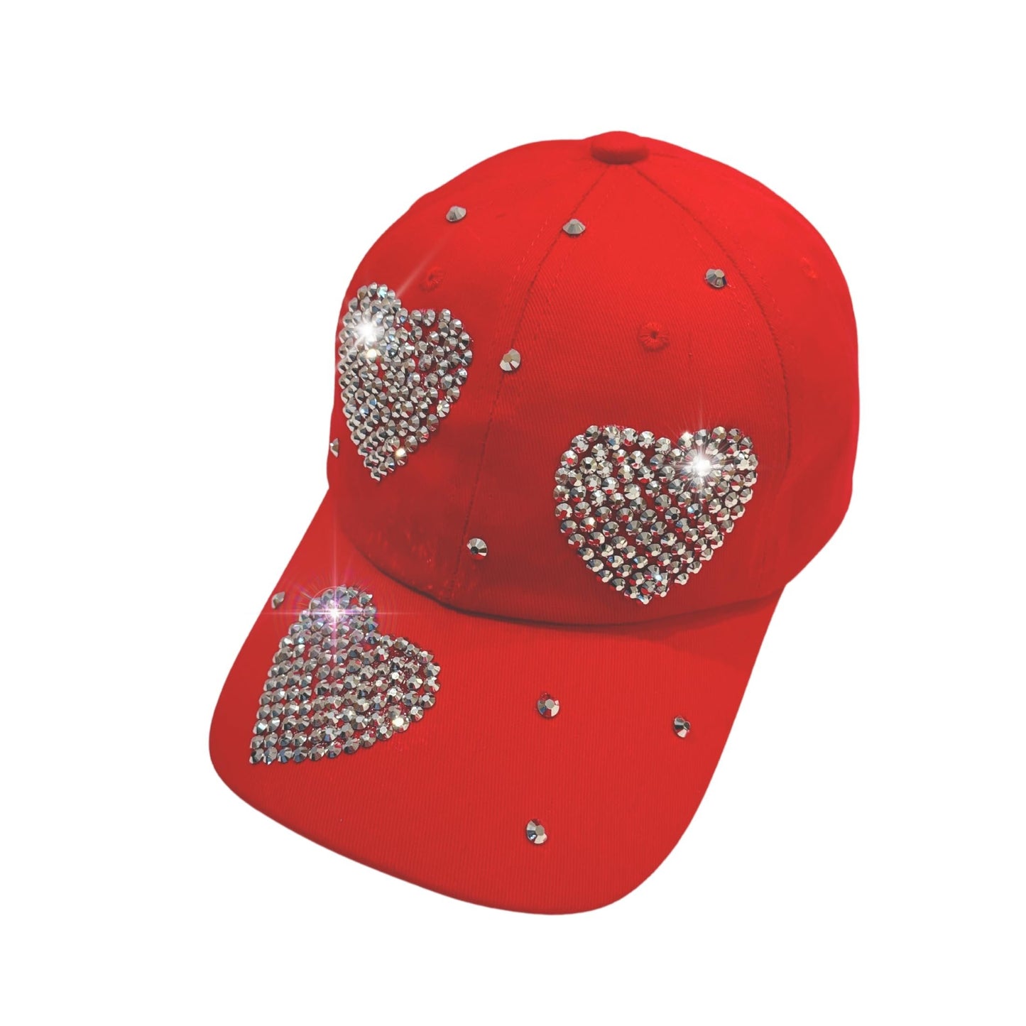 Popfizzy Rhinestone Baseball Cap for Women and Girls, Cute Bedazzled Hats, Shiny Bling Denim and Diamond Hat, Red Heart