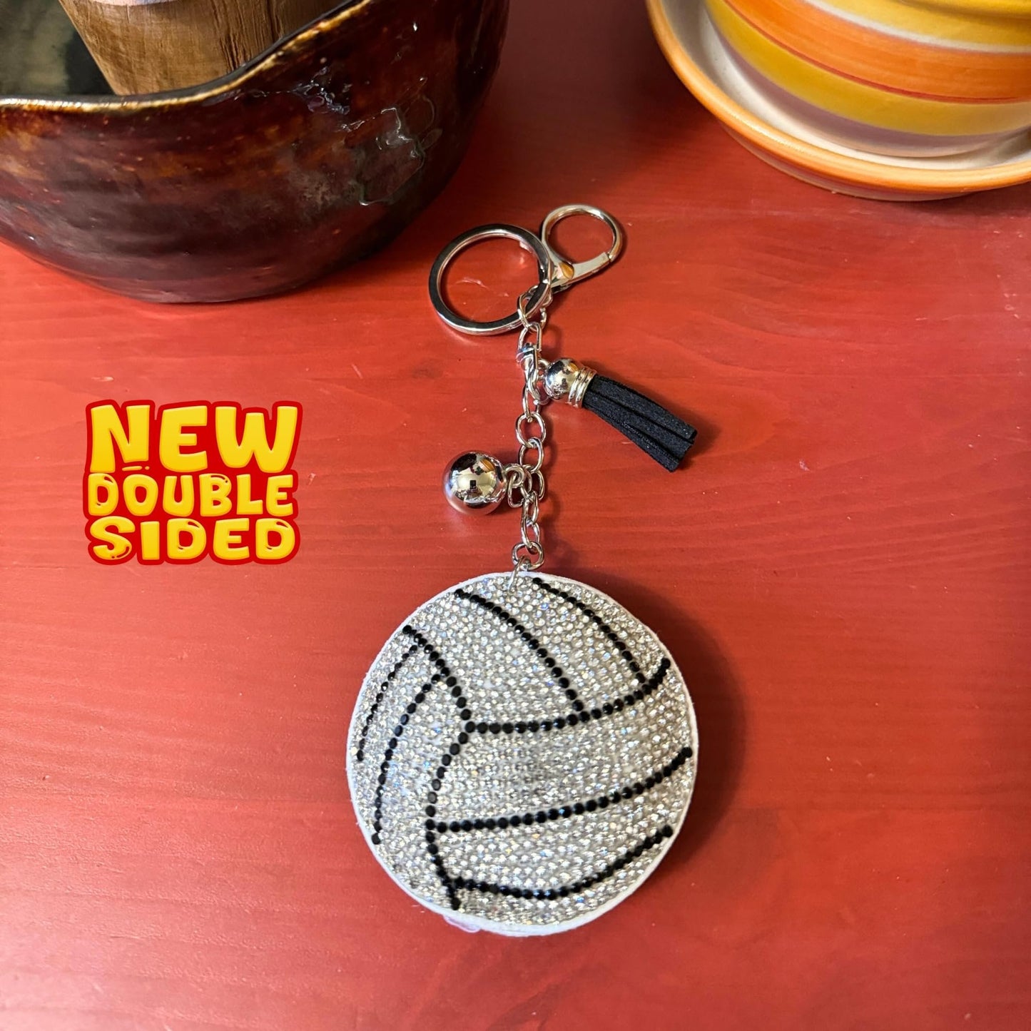 Popfizzy Bling Volleyball Keychain for Women and Girls, Purse Charm, Rhinestone Bag Charm, Volleyball Gifts, Double Sided