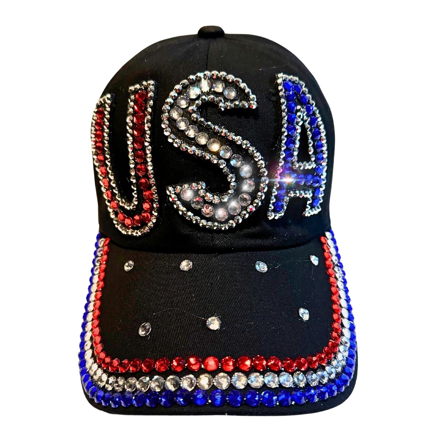 Popfizzy Rhinestone Baseball Cap for Women and Girls, Cute Bedazzled Hats, Shiny Bling Denim and Diamond Hat, USA Black