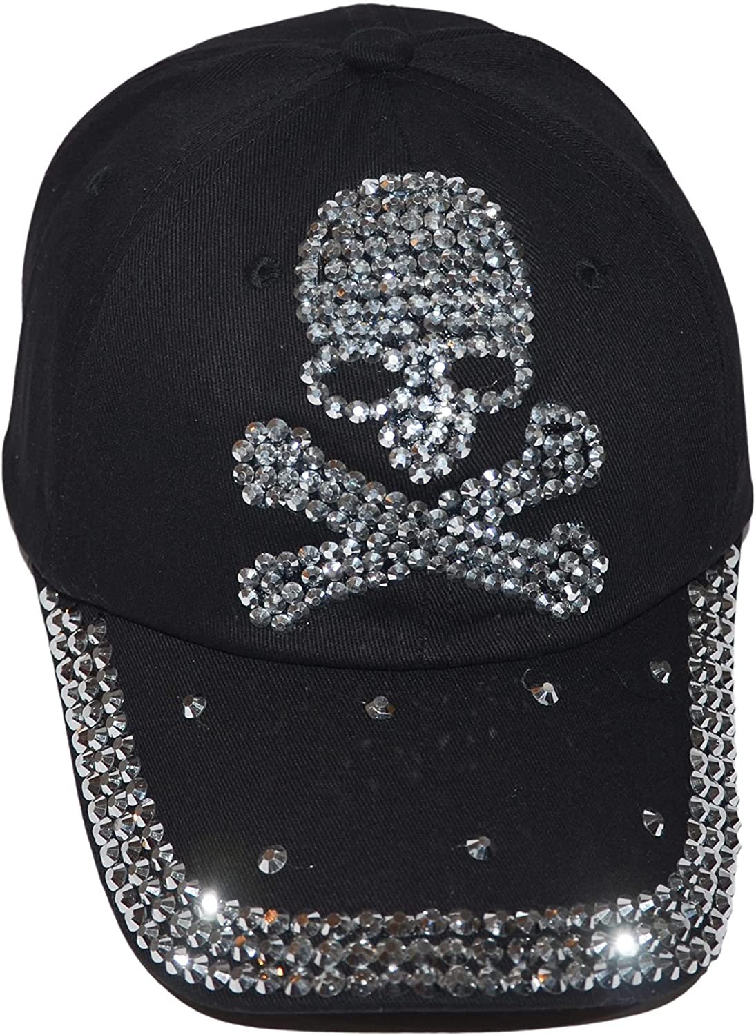 Popfizzy Skull Hat for Women and Girls, Biker Trucker Hat, Rhinestone Sparkle Bling Black Baseball Caps, Pirate Hat