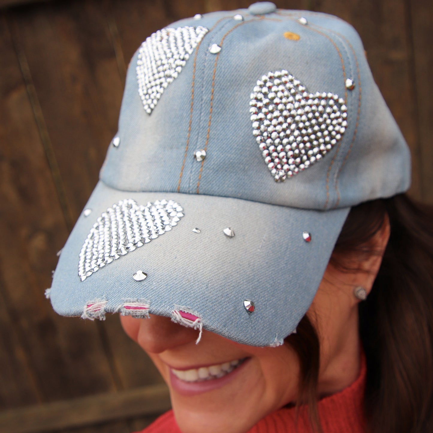 Heart Baseball Cap, Bling Caps for Women and Teenage Girls, Rhinestones Distressed Denim Trucker Hat, Bedazzled Love Cap, Best Friend Gift