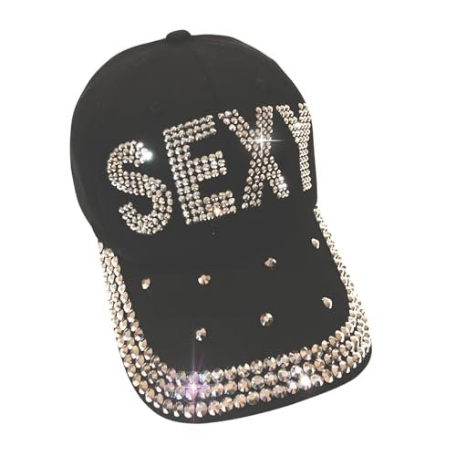 Popfizzy Rhinestone Baseball Cap for Women and Girls, Cute Bedazzled Hats, Shiny Bling Denim and Diamond Hat, Sexy Black