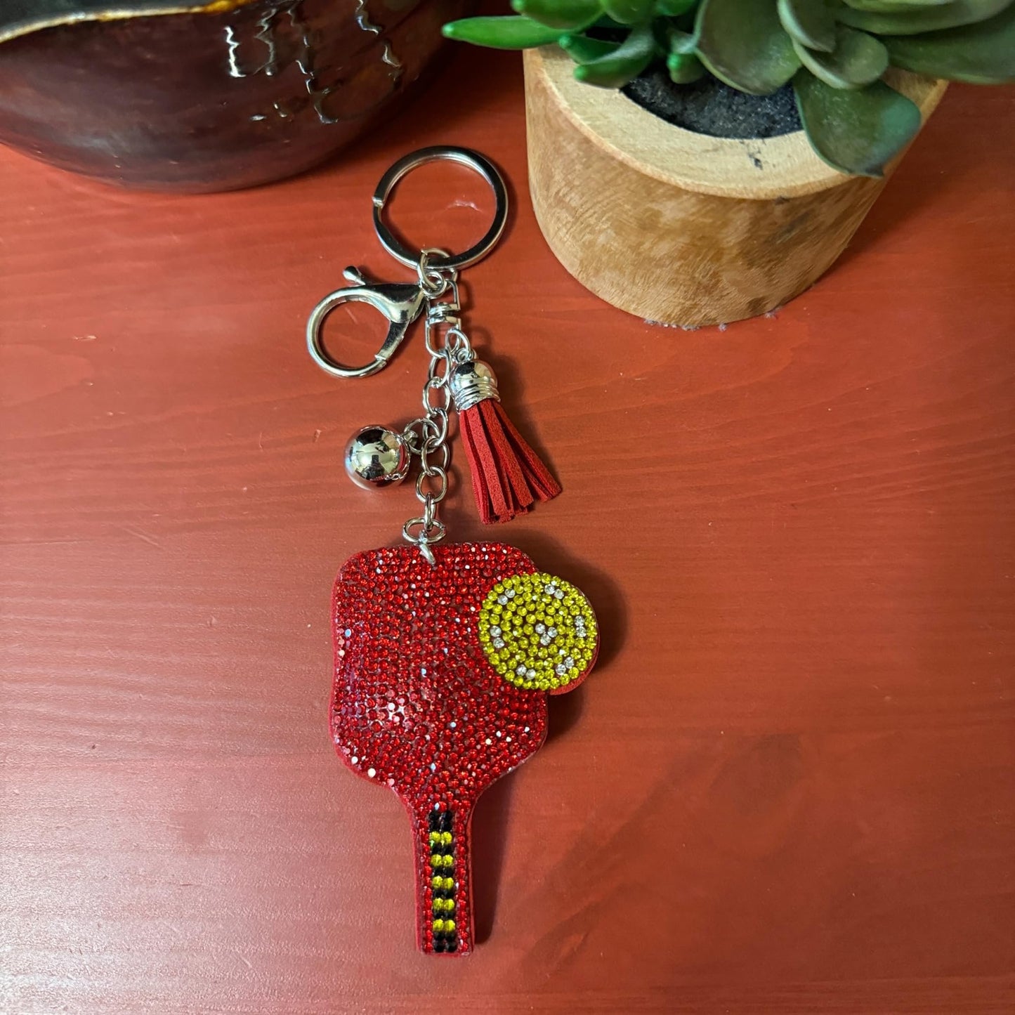 Popfizzy Red Pickleball Keychain Accessories for Women and Girls, Rhinestone Backpack Charm, Bling Pickleball Gifts