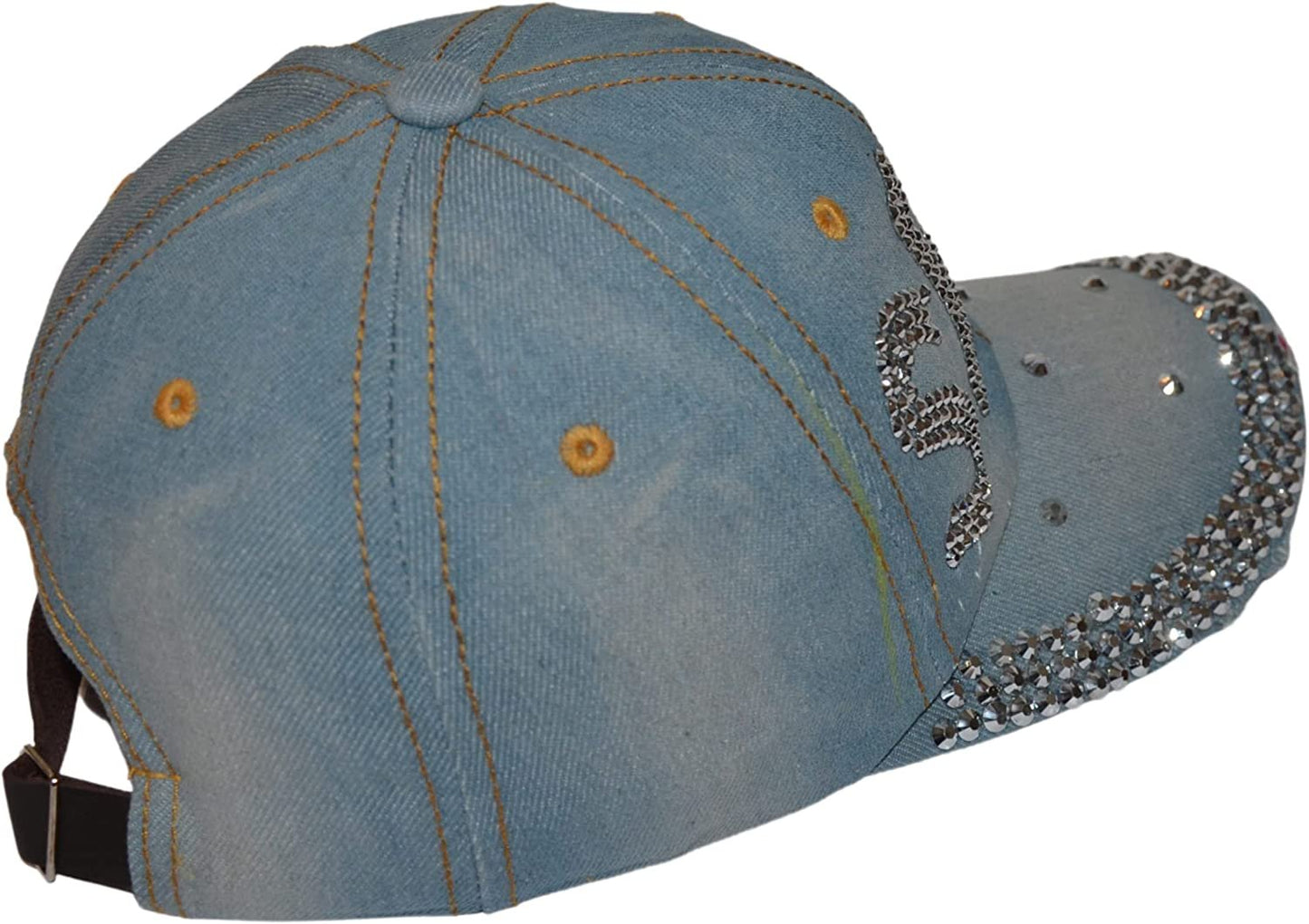 Popfizzy Womens Bling Cap, Rhinestone Baseball Cap, Bejeweled Distressed Denim Hat, Bling Gifts for Women