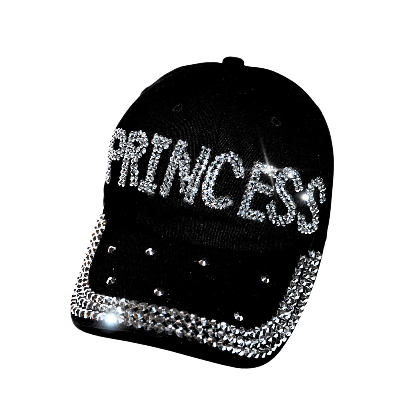 Popfizzy Rhinestone Princess Baseball Cap for Women and Girls, Bling Gift for Princess, Cute Black Bedazzled Hats (Princess)