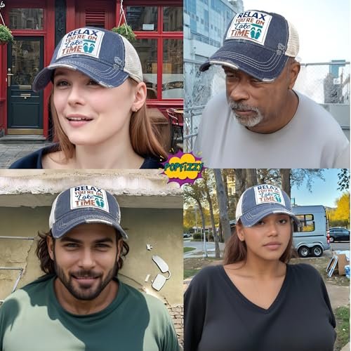 Popfizzy Relax You're on Lake Time Hat, Vintage Trucker Hat, Mesh Back Baseball Cap, Lake Life Gifts for Women and Men (Navy)