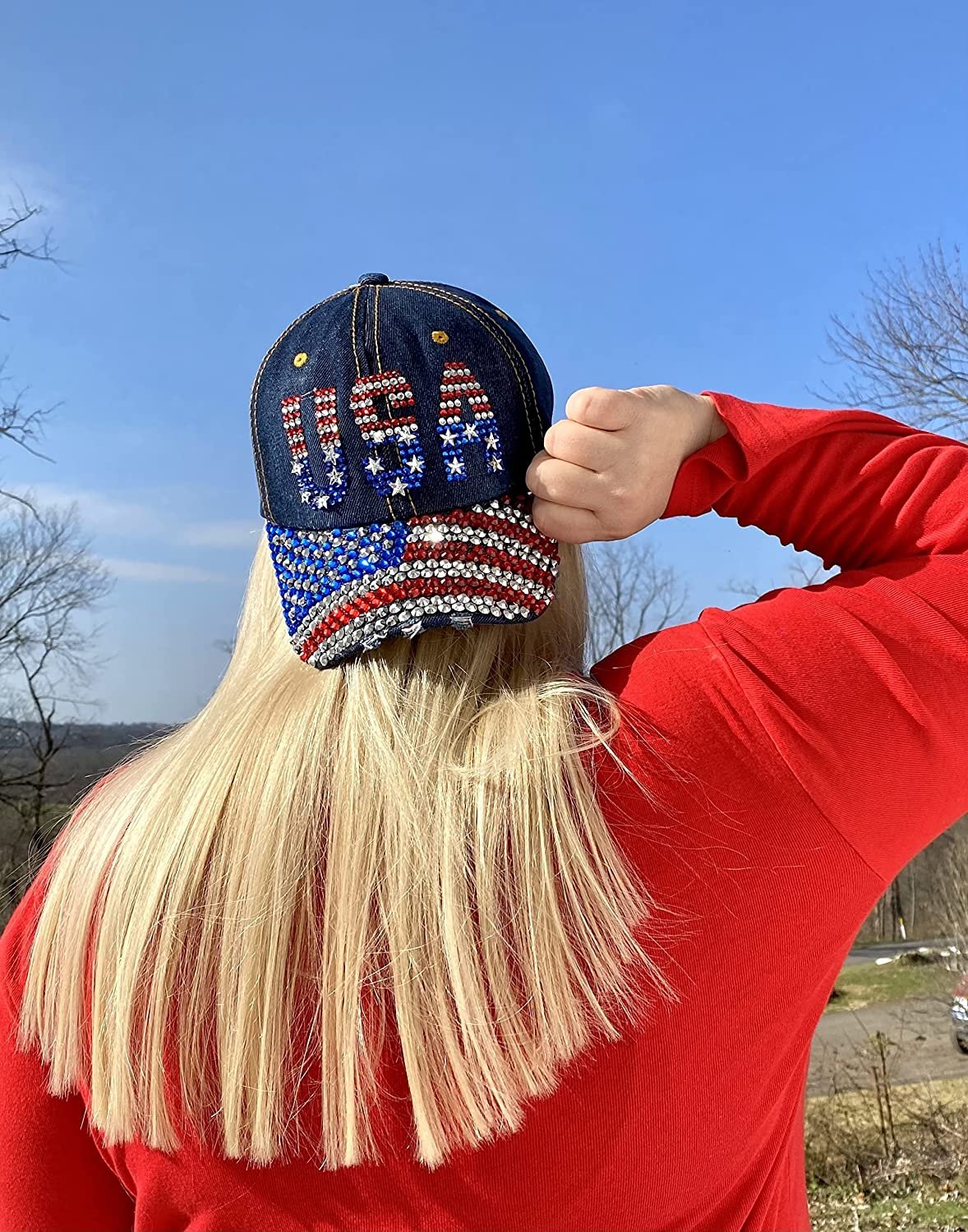 Popfizzy USA Women’s American Flag Baseball Cap Bling Rhinestone Trucker Hat